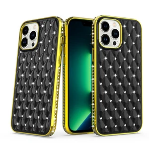 For iPhone 14 Case Quilted Design Diamond Bling Chrome Plated Frame Phone Cover - Photo 1 sur 12