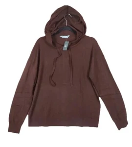 Women's Cashmere Blend Small Rib Trim Chocolate Brown Hoodie - Picture 1 of 11