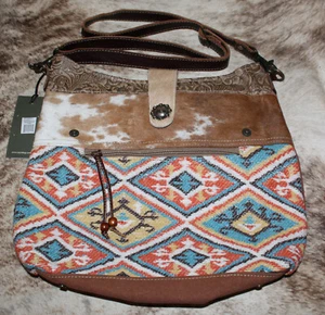 Myra Bag #4692 Leather, Hairon, Rug, Canvas 14"x4"x12" Crossbody Shoulder~Pckts - Picture 1 of 3