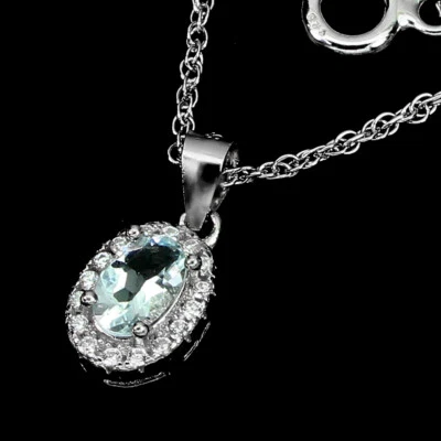 Collana In Argento Sterling 925 Con Acquamarina Ovale 6x4mm E Cz Simulato 18in - Immagine 1 di 4