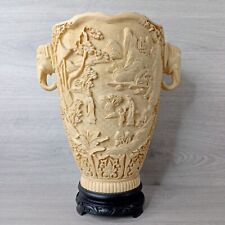 Vintage Asian Vase Hand Carved Resin Soapstone Base Elephant Handles