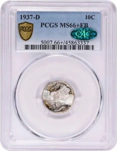 1937-D Mercury Silver Dime MS66+FB PCGS (CAC) - Picture 1 of 2