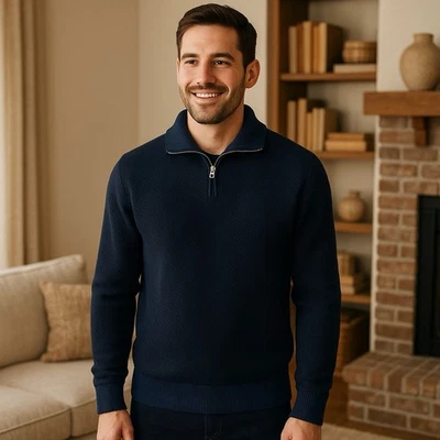 Suéter Bonobos 100% lã merino 1/4 zíper azul espinha de peixe aconchegante cabine de férias M - Imagem 1 de 4