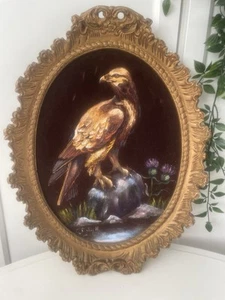 Vintage Oil Painting Eagle Ornate Gold Oval Gilt Frame Gallery Wall Velvet - Picture 1 of 11