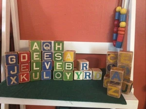 Vintage 30 + Wooden Alphabet Blocks & Wood Beads, Letters, Numbers And Pictures - Picture 1 of 6