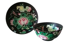 Juego de 2 tazón y plato asiático oriental asiático con flor de loto pintada a mano de Macao - Imagen 1 de 9