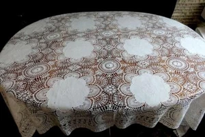 EXQUISITE ALTE HANDARBEIT BAUMWOLL TAFELTUCH HÄKELSPITZE M PLATTST RONDEL255x180 - Imagen 1 de 5