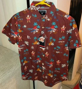 Denim & Flower Men’s M Christmas Aloha Santa Hawaiian Maroon S Holiday Shirt NEW - Picture 1 of 4