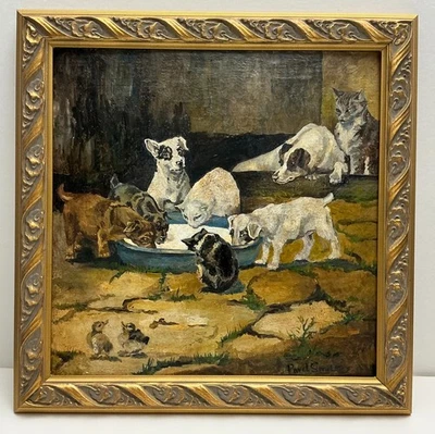 Pintura a óleo antiga gatinhos e filhotes bebendo leite quadro dourado [AH1263] - Imagem 1 de 4
