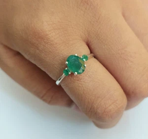 Natural Emerald Three Stone Oval Cut Ring 925 Sterling Silver Anniversary Gift - Picture 1 of 6