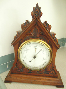 Antique Victorian c1880’s Solid Oak Barometer & Thermometer