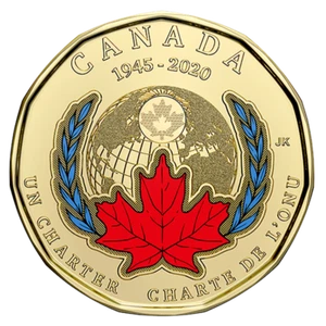 2020 Canada $1 Loonie 75th anniversary of UN Charter COLOURED - from roll - Picture 1 of 3
