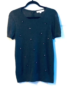 NWT Ann Taylor Loft Sz S Women Knit Top Sweater Short Sleeve Dark Gray Decorated - Picture 1 of 10