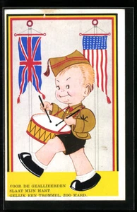 AK Kind mit Marschtrommel in Uniform vor den Wimpeln der USA und des Vereinigte - Bild 1 von 2