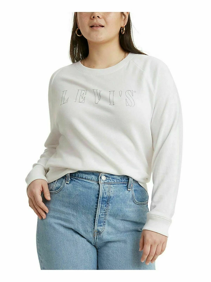 Levi's Plus Size Glitter-logo Long Sleeve Crew Neck Womens 1x White Sweatshirt