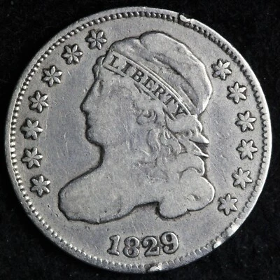 Серебряная монета номиналом 10 центов 1829 с изображением бюста и крышкой ТОНКАЯ E147 UTEN - Изображение 1 из 2