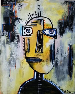 A.Z. Davis 20" x 16" Painting Abstract Modern Folk Pop Outsider Art Portrait Men - Picture 1 of 4