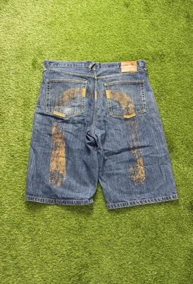 Vtg Y2K Evisu Baggy Grunge Blue Denim Jean Yellow Latex Logo Shorts Mens Size 42 - Image 1 of 4