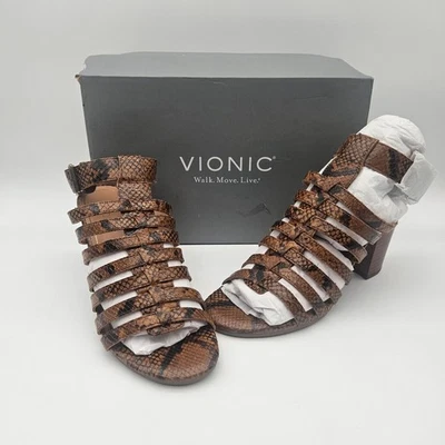 Vionic Sami Boa Espresso Brown Snakeskin Print Strappy Sandals Womens Sz 7.5 NIB - Image 1 of 4