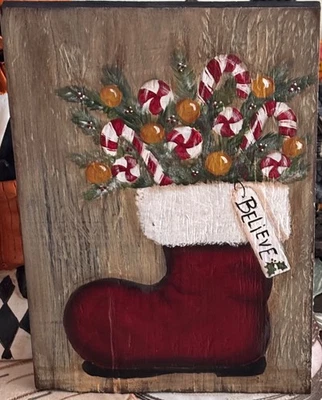 *~* HAND PAINTED SANTA BOOT * CANDY CANES * PEPPERMINT * ORNIES * RECLAIMED WOOD - Image 1 of 3