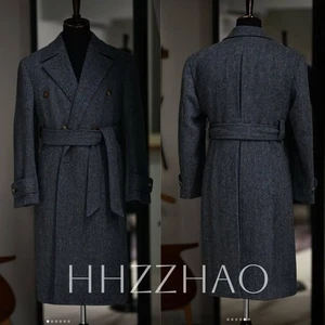 Fischgrät Herren Mantel mit Gürtel spitzes Revers zweireihig lange Jacke Coat - Bild 1 von 23