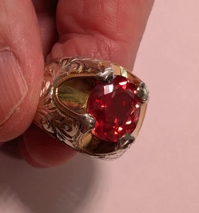 20.6 gram Hand Carved Silver Ring With 9mm X 11mm Red Sapphire Sz 10.5 - Picture 1 of 13
