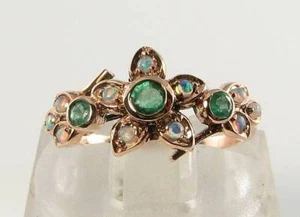 9K 9CT ROSE GOLD EMERALD OPAL CLUSTER BAND ART DECO INS FLOWER RING FREE RESIZE - Picture 1 of 5