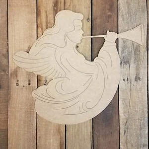 Angel with Trumpet, Unfinished Wood Cutout, Engraved Paint by Line Shape - Picture 1 of 1