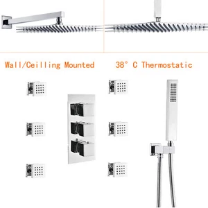 Thermostatic Shower Faucet System Chrome Rain Shower Head Mixer Set Massage Jets - Picture 1 of 17