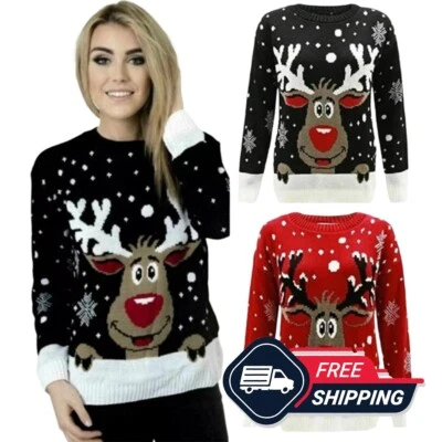 Womens Knitted Reindeer Christmas Xmas Snow Flakes Jumper Rudolph Sweater UK - Image 1 of 3