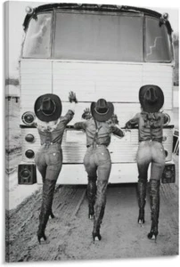 Posters Three Cowgirls Pushing A Bus Retro Poster Sexy Black and White Wall Art - Picture 1 of 6