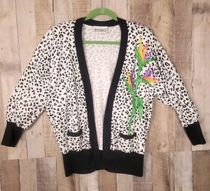 Vintage Peter Popovitc Birds of Paradise Embroidered Sweater Leopard Print USA M - Picture 1 of 12
