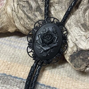 Gothic Black Silver Funeral  Bolo Tie Rockabilly  Cameo ROSE Necklace Leather - Picture 1 of 12
