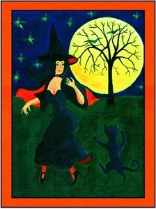 OriginAl FoFolk ART PrinT HallowE Fling WiTch DaNcE BrOOM WeLcOmE CaDrOn BaTs - Imagen 1 de 3