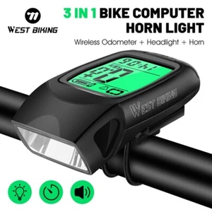 WEST BIKING Wireless Bike Computer Waterproof Speedometer LED Light Horn 3 In 1 - Picture 1 of 16