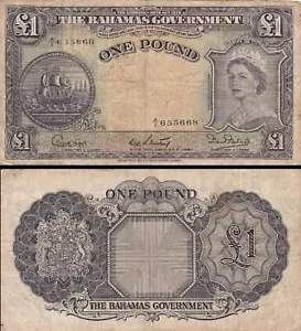 BAHAMAS 1953 Queen Elizabeth II - One Pound Banknote - P15b - Serial A1 655668 - Picture 1 of 5