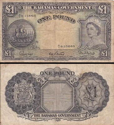 BAHAMAS 1953 Queen Elizabeth II - One Pound Banknote - P15b - Serial A1 655668 - Image 1 of 4