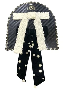 Lux Set Of 2 Hair Clip Bows White Pearl & Black Velvet Rhinestones Capelli NY - Picture 1 of 4