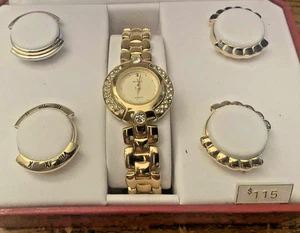 Peugeot 5 Bezels Gold Rhinestone Bracelet Band Watch Set Vintage Needs Battery - Picture 1 of 5
