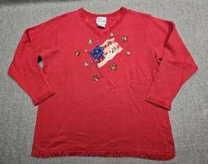Quacker Factory Sweater Womens 1X Red Patriotic Flag Sequin Stars Pullover Knit - Picture 1 of 9