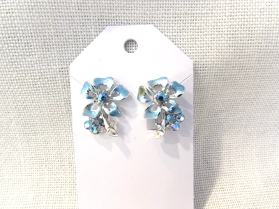 Vintage Blue Flowers w/Rhinestones Clip Earrings - Signed STAR - Image 1 of 3