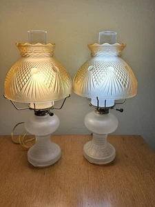 2 Vintage Frosted White Hobnail Lamps W/ Brown Tan Flash Pressed Glass Shade 17” - Picture 1 of 12