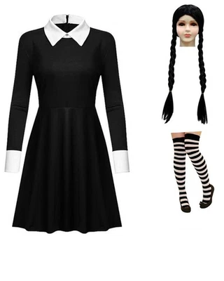 Déguisement Mercredi Fille Enfant Les Addams Halloween Tenue Fantaisie - Photo 1/4