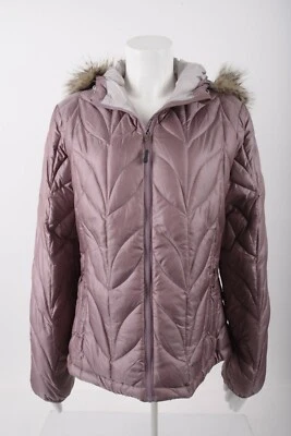 Eddie Bauer Womans goose down Jacket Coat Size M Purple Puffer Hooded Faux Fur - Image 1 of 4