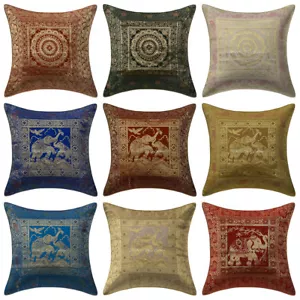 Elephant Brocade Cushion Cover Indian Home Decor Pillow Case Cover Throw 16X16" - Picture 1 of 28