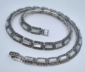 Necklace with Mother of Pearl and Marcasite gemstone, Sterling silver 925, 18 In - Picture 1 of 4