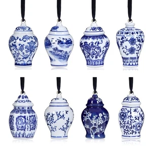 8 Pieces Chinoiserie Porcelain Christmas Ornaments Blue and White Christmas D... - Picture 1 of 6