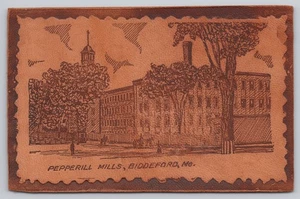 Postal de cuero Biddeford ME Pepperell Mills fábrica textil escena frente al río - Imagen 1 de 2