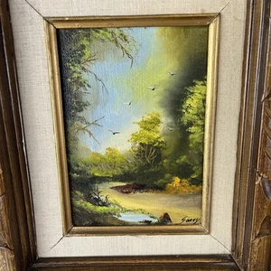 Vtg Oil Painting Nature Birds Trees Signed Garey MCM Wood Frame - Picture 1 of 11