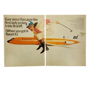 1969 Braniff Airline Vintage 2 Page Print Ad Diane Crump First Female Jockey - Picture 1 of 4